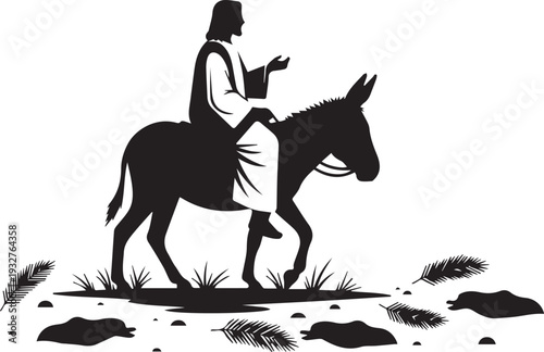Man riding donkey on palm leaves path vector silhouette illustration for palm sunday bibl