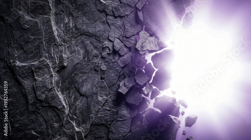 Bright light breaking through a dark stone wall. Conceptual image of the Resurrection, hope, and transformation. Theological shift from death to life with glowing purple light.