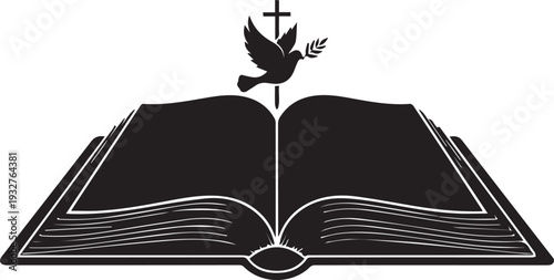Open book silhouette vector illustration dove cross peace