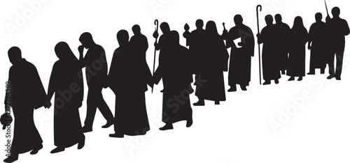 Religious procession silhouette illustration vector of monks walking together holding hands