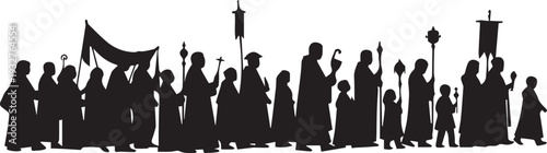 Silhouette of religious procession with banners and crosses, historical illustration