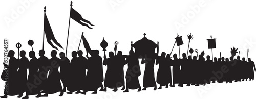 Religious procession silhouette vector illustration, people carrying flags line art