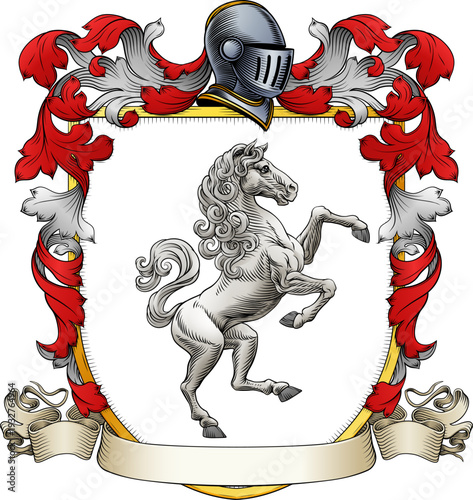 A horse coat of arms or crest family heraldry medieval heraldic knight shield with helmet and acanthus filigree scroll ornament in a vintage woodcut style.