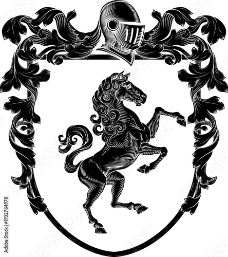 A horse coat of arms or crest family heraldry medieval heraldic knight shield with helmet and acanthus filigree scroll ornament in a vintage woodcut style.