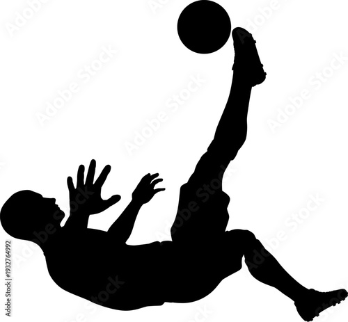 A football soccer player sports man in silhouette performing a scorpion kick.