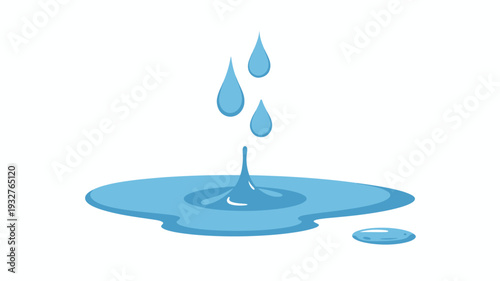 Blue water drops falling into puddle with ripples and splash liquid