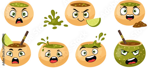 Set of 8 Yerba Mate Calabash Gourd Cartoon Emoticons Vector