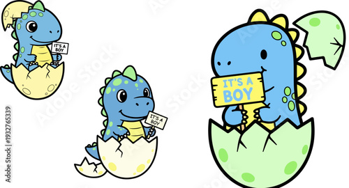 Cute Baby Blue Dinosaur Hatching from Egg Holding It's a Boy Sign Vector