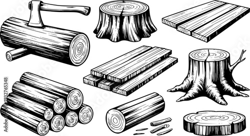 Collection of hand drawn wood including logs lumber and axe white background timber