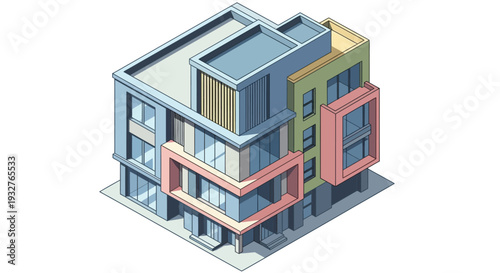 Isometric illustration of a modern multi-story building with colorful facade.