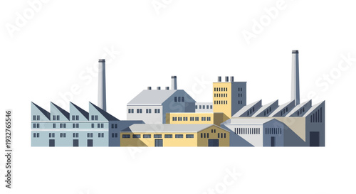 Industrial factory buildings with smokestacks and warehouses.