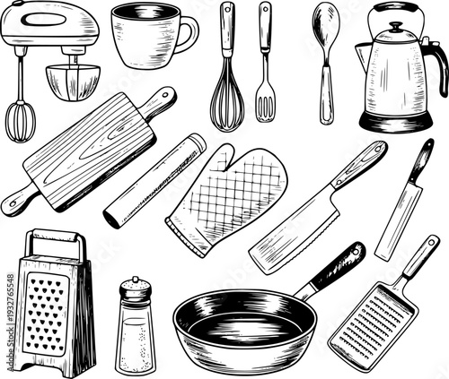 Hand drawn collection of kitchen utensils and cooking equipment in black and white style