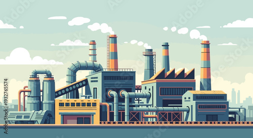 Industrial factory landscape with smokestacks and production facilities.