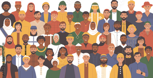 Global Multicultural Community Portrait Illustration, Diverse Men and Women from Different Ethnic Backgrounds, Inclusive Society Flat Design Character Artwork