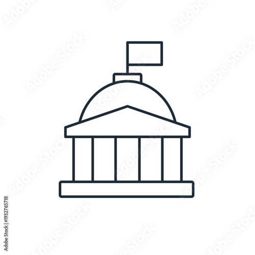 State administration building with a flag. Government, parliament. Vector linear icon illustration isolated on white background.