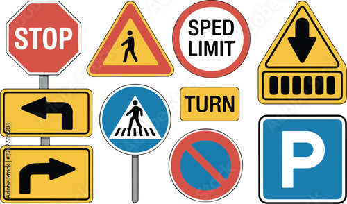 Set of international road signs and symbols including stop, speed limit, pedestrian crossing, and turn arrows.
