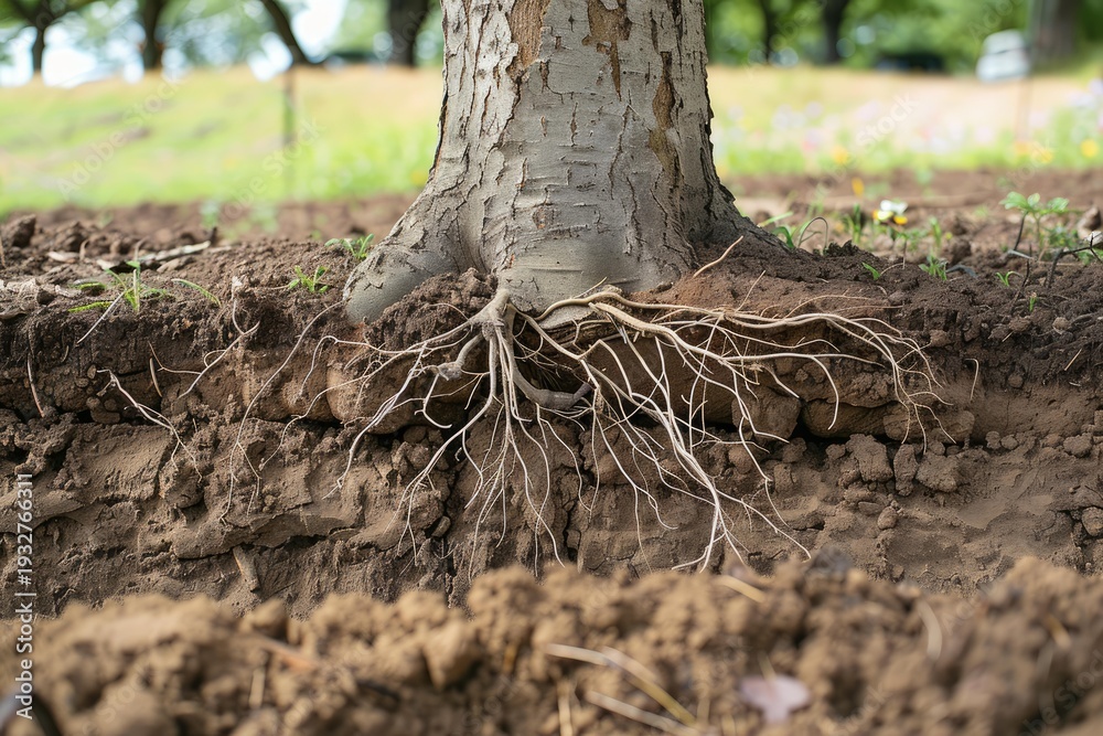Fototapeta premium Close up of exposed tree roots struggling in dry, cracked soil, highlighting the impact of drought on plant life