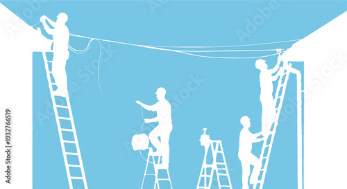 Blue Silhouette Illustration of Workers on Ladders Installing Wires and Cables isolated PNG with Transparent Background