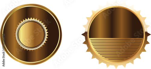 Two gold colored bottle caps on a white background