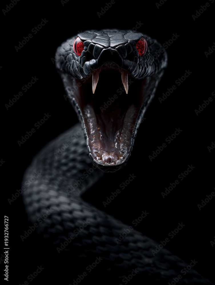 Fototapeta premium Black Venomous Snake Attack Close-Up – AI Generative