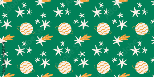 Cute seamless pattern in modern retro style with planets, stars, comets. Minimalist flat vector illustration for kids nursery decor, fabric print, cosmic packaging. Astronomical green background