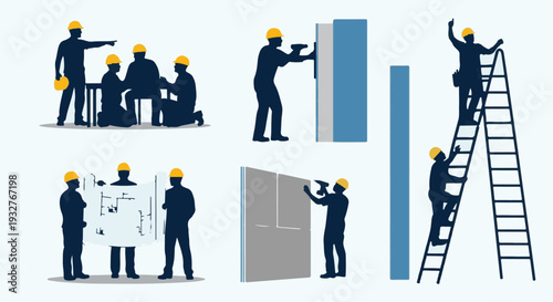 Set of construction worker silhouettes. Builders working, planning, and installing materials. Vector illustration. isolated PNG with Transparent Background