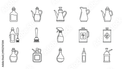 Collection of various cooking oil containers and dispensing vessels represented as simple black and white line art vector icons for food preparation needs