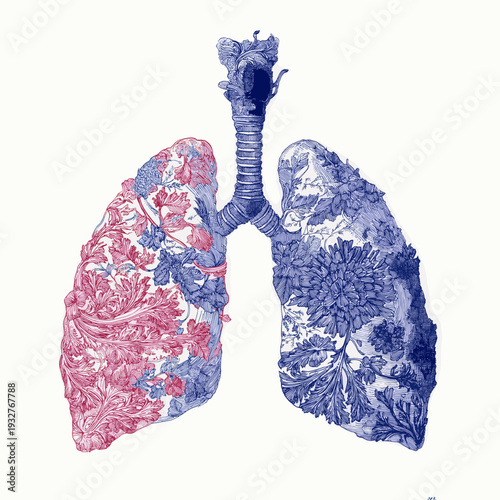 Stylized lungs displaying rich blue and red ornamental designs against a white background. Decorative human lungs drawing with intricate patterns