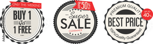 A set of sale and discount stickers on a white background