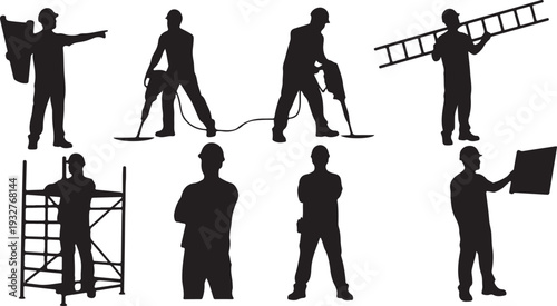 Set of Construction Worker Silhouettes with Tools, Builders Performing Various Jobs, Isolated Vector Icons isolated PNG with Transparent Background