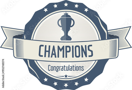 A champions badge with a trophy and congratulations message