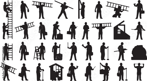 Collection of Worker Silhouettes with Ladders and Tools. Construction, Repair, and Maintenance Vector Icons. isolated PNG with Transparent Background