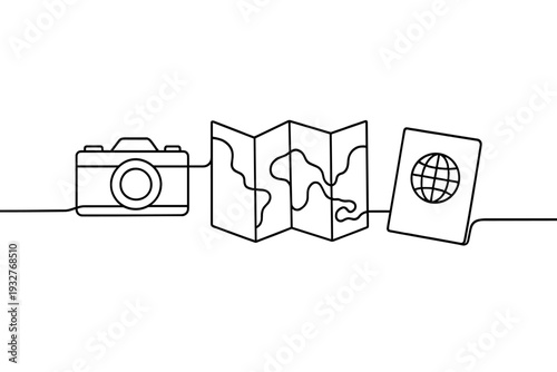 Minimalist Travel Essentials. "World Traveler". Minimalistic one-line drawing minimalist flat lay featuring