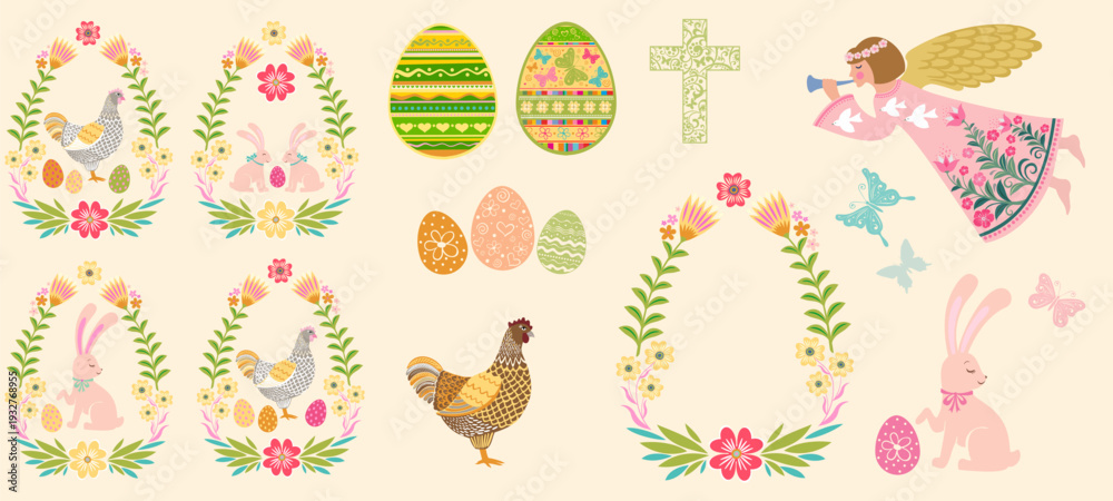 Obraz premium Vintage Easter Set. Big Collection of design elements isolated on White background. Collection of Christian Symbol. Easter egg shape with bunny - traditional symbol of holiday. Vector illustration