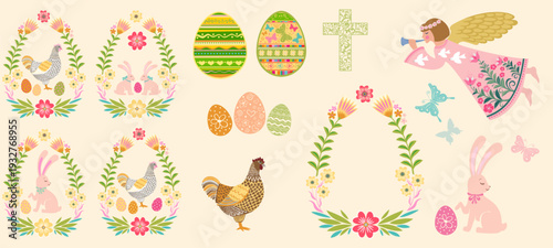 Vintage Easter Set. Big Collection of design elements isolated on White background. Collection of Christian Symbol. Easter egg shape with bunny - traditional symbol of holiday. Vector illustration