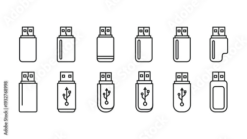 Collection of twelve simple black and white line art vector graphic illustrations depicting various shapes and designs of universal serial bus flash drives