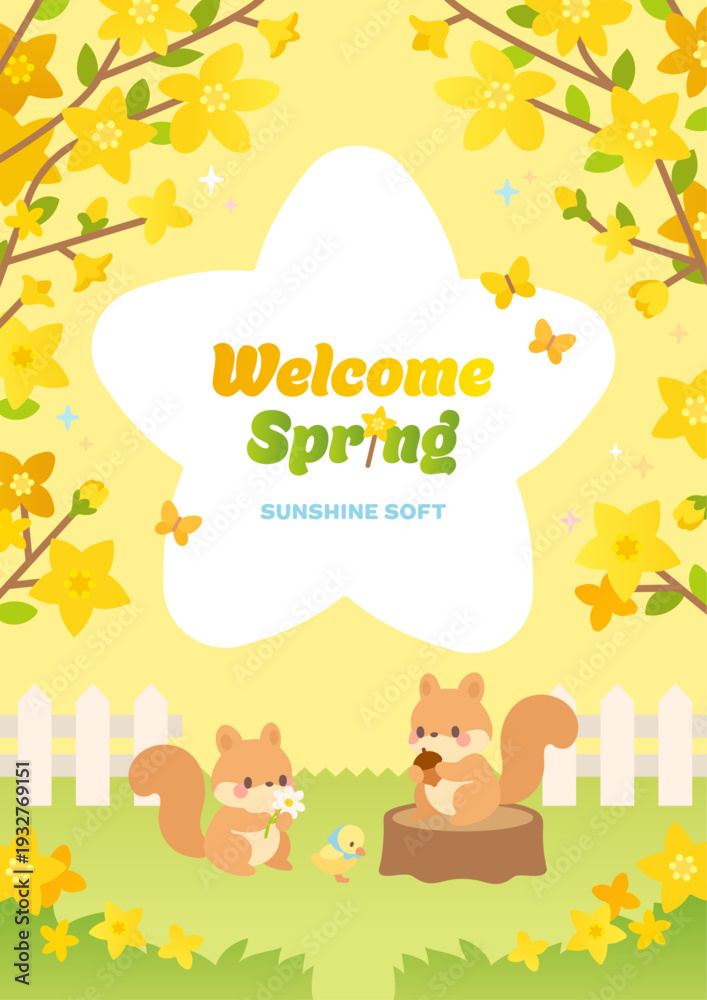 Naklejka premium Spring Flower Theme Cute Pastel Squirrel and Yellow Forsythia Illustration