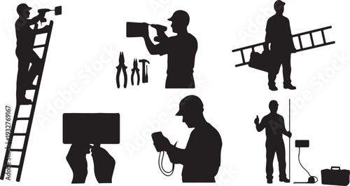 Collection of Worker Silhouettes with Construction and Repair Tools Isolated Vector isolated PNG with Transparent Background