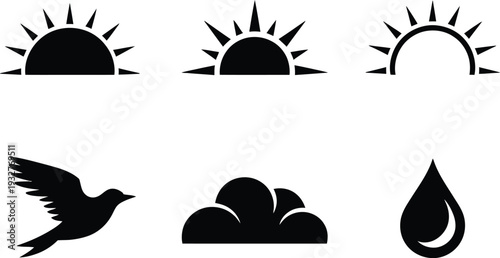 Six black silhouette icons representing celestial bodies, weather, and nature sunrise sunset