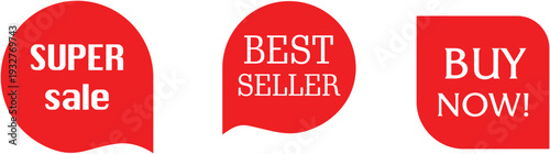 Red speech bubbles with promotional text on white background