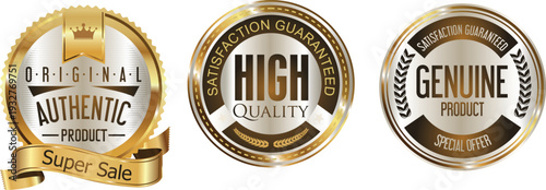 Three gold and white quality guarantee seals on a white background