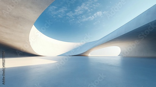 tranquil minimalist curved white concrete structure with large oval openings revealing blue sky and wispy clouds, smooth reflective floor and soft light and shadows