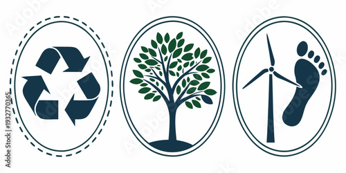 Three icons representing recycling, sustainability, and renewable energy.