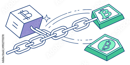 Illustration of a block chain connecting a box and two coins