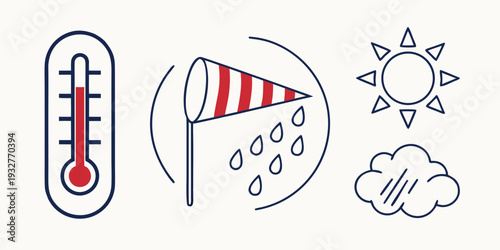 Illustration of weather conditions including temperature, wind, rain, and sunshine