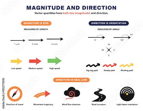 Vector quantities explained with magnitude and direction examples