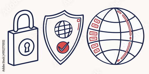 Illustrations of a padlock, a shield with a heart, and a globe with a padlock.