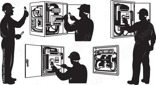 Set of Electrician Silhouettes Working on Electrical Control Panels Isolated Vector isolated PNG with Transparent Background