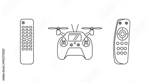 Black outline vector graphic illustration displaying three different types of remote control devices including a central drone controller flanked by two distinct television style remotes.
