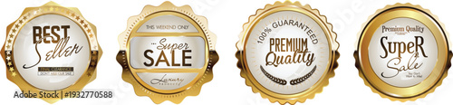 Four gold and white sale stickers on a white background